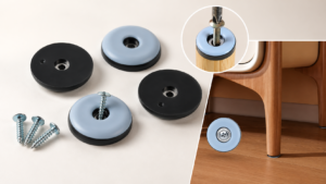 heavy duty screw in ptfe glides for commercial chairs, with screws, installation detail, and furniture leg application